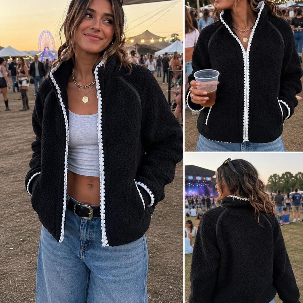 NWT Thread & Supply Black Sherpa Fleece Jacket Contrast Stitch Cozy Gorpcore